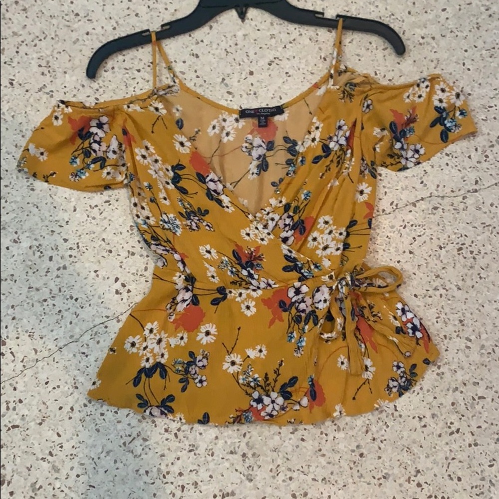 Yellow floral off the shoulder shirt